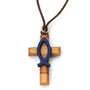 Blue Ichthys Latin Cross Pendant Necklace in Olive Wood by Marina Jewelry