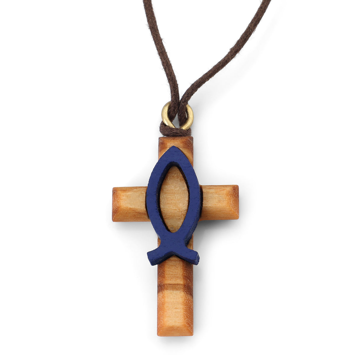 Blue Ichthys Latin Cross Pendant Necklace in Olive Wood by Marina Jewelry