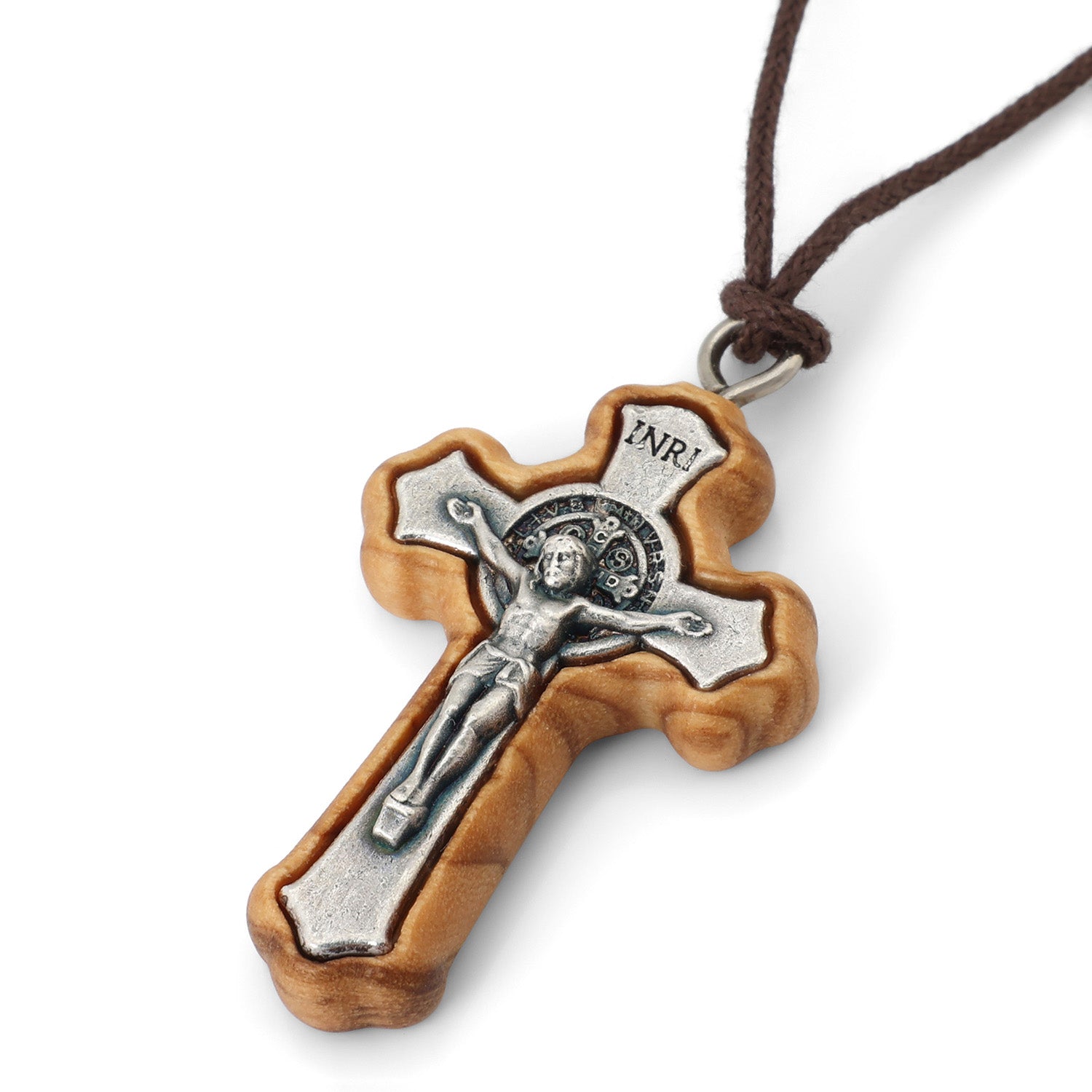 Saint Benedict Crucifix Pendant Necklace in Olive Wood