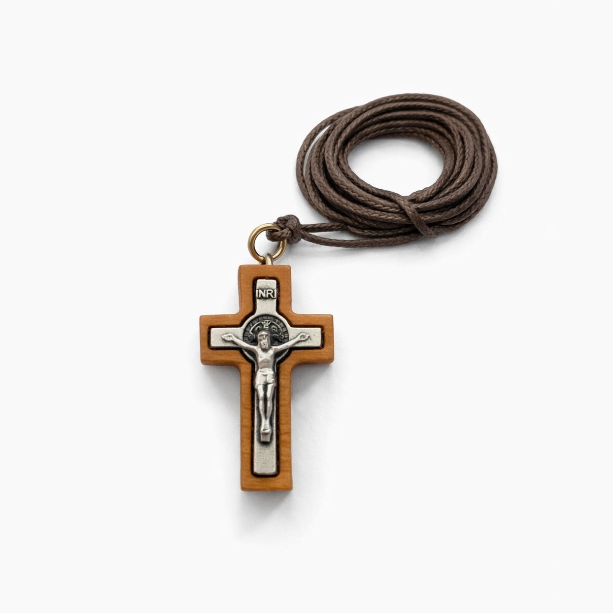 Olive wood Saint Benedict crucifix pendant with INRI plaque on a brown cord, by Marina Jewelry