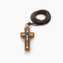 Olive wood Saint Benedict crucifix pendant with INRI plaque on a brown cord, by Marina Jewelry