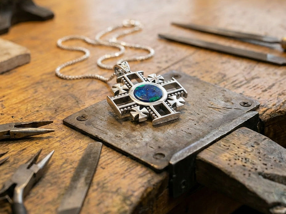 Jerusalem Cross pendant with blue stone on a workbench