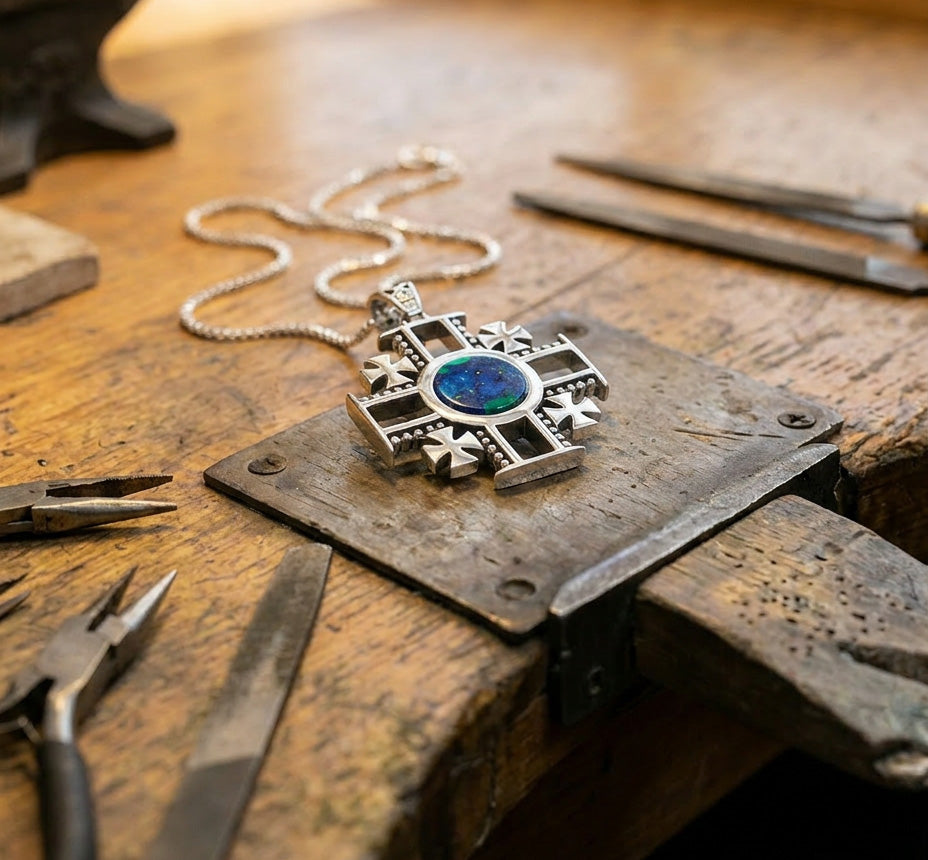 Jerusalem Cross pendant with blue stone on a workbench