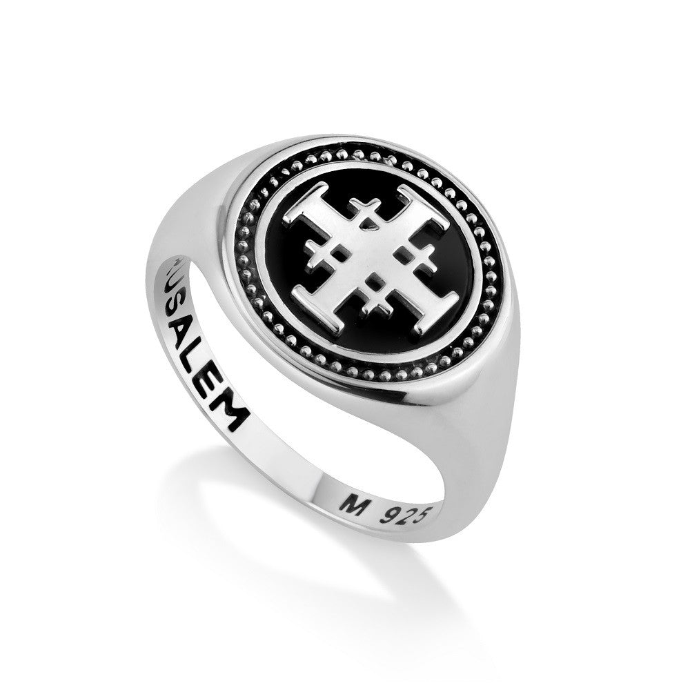 Round black onyx Jerusalem Cross signet ring in sterling silver by Marina Jewelry