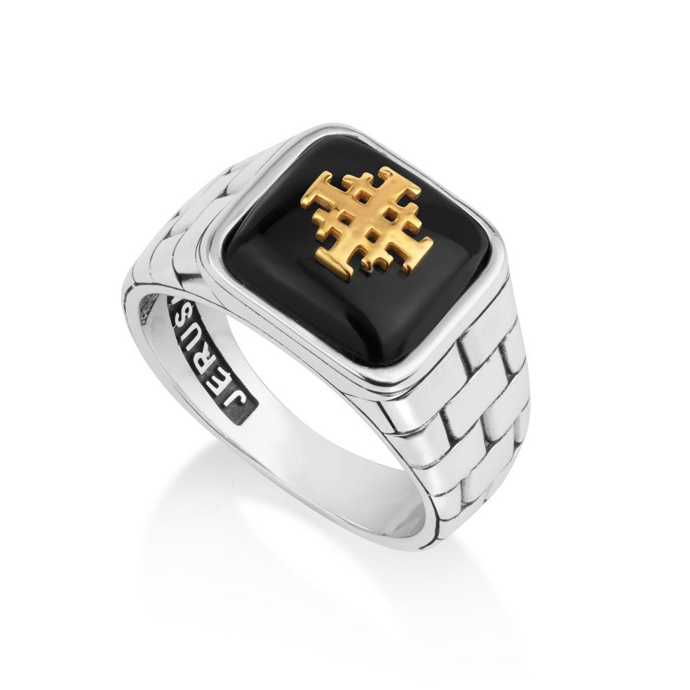 Men's black onyx signet ring with gold-plated Jerusalem Cross by Marina Jewelry
